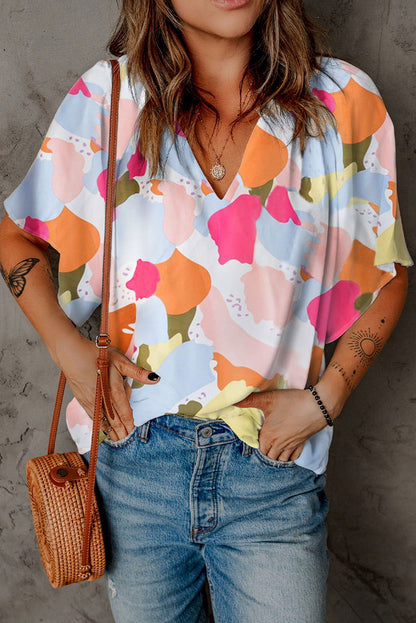 Multicolor Abstract Print Flutter Sleeve V Neck Blouse - Vesteeto