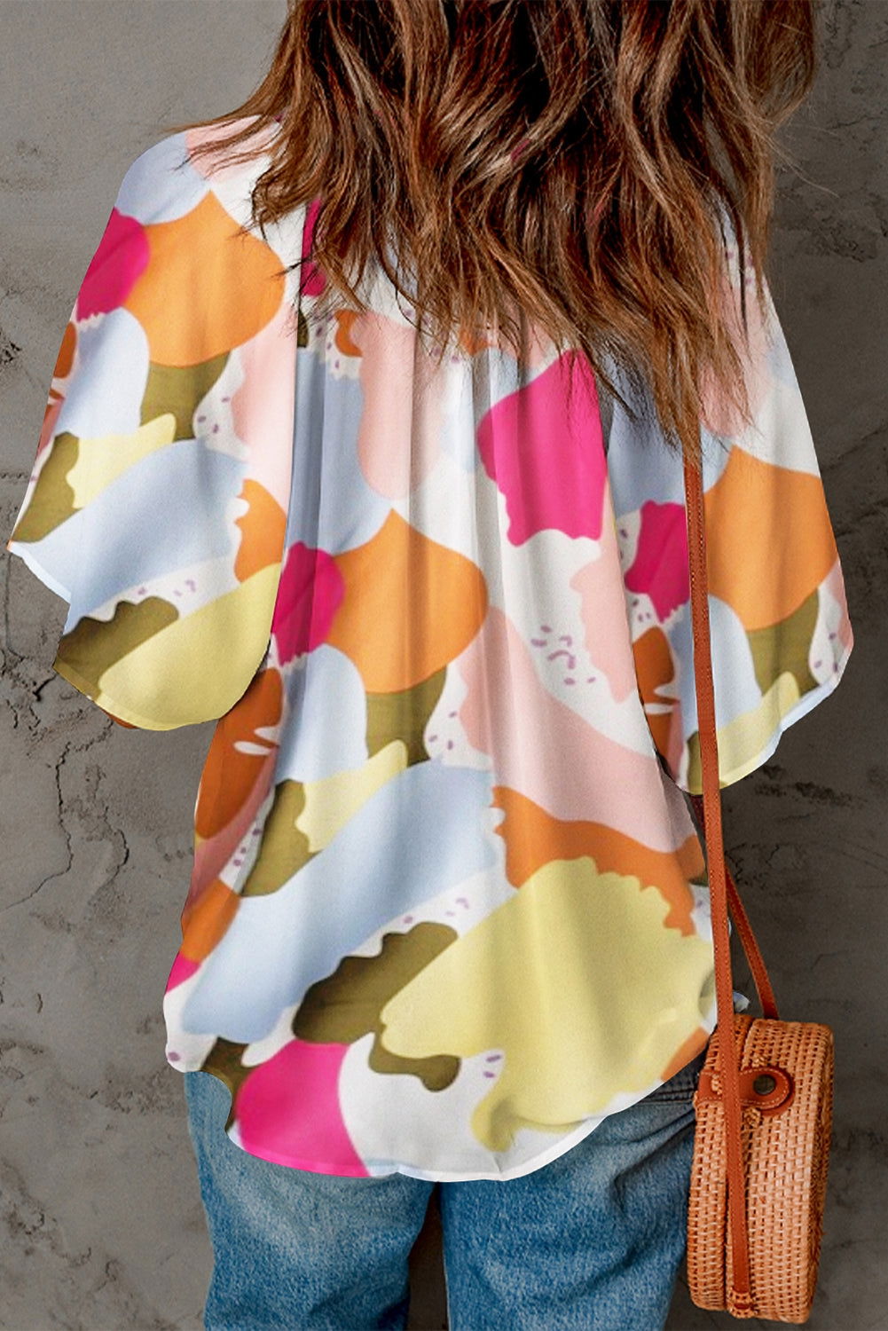 Multicolor Abstract Print Flutter Sleeve V Neck Blouse - Vesteeto