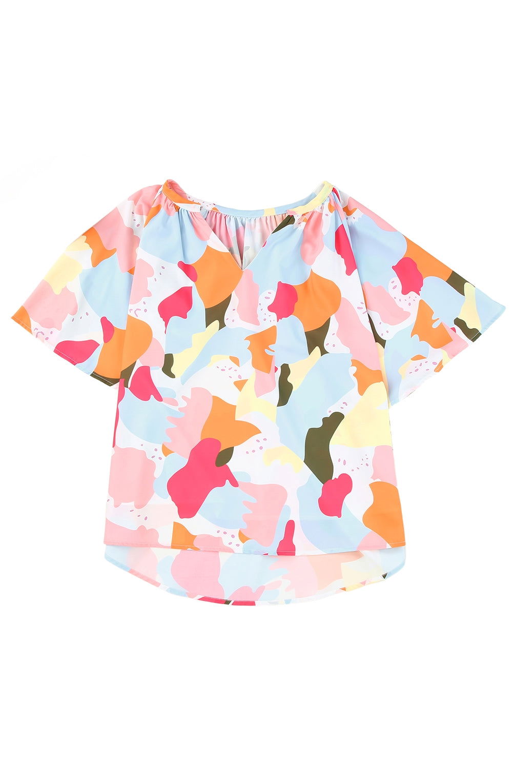 Multicolor Abstract Print Flutter Sleeve V Neck Blouse - Vesteeto