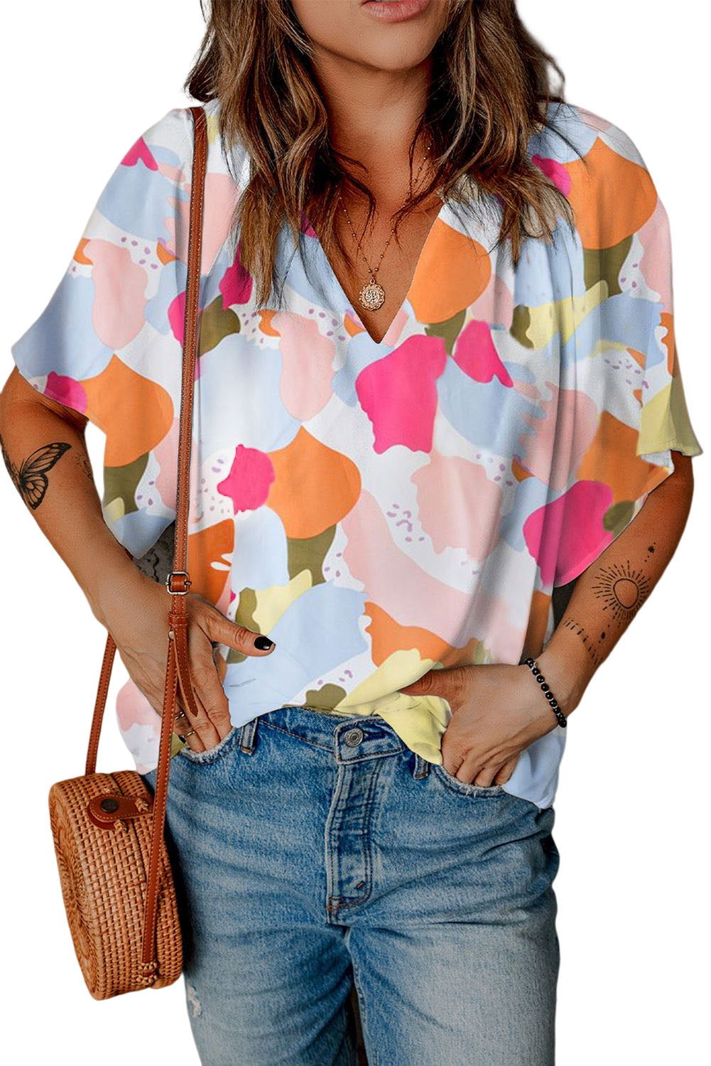 Multicolor Abstract Print Flutter Sleeve V Neck Blouse - Vesteeto