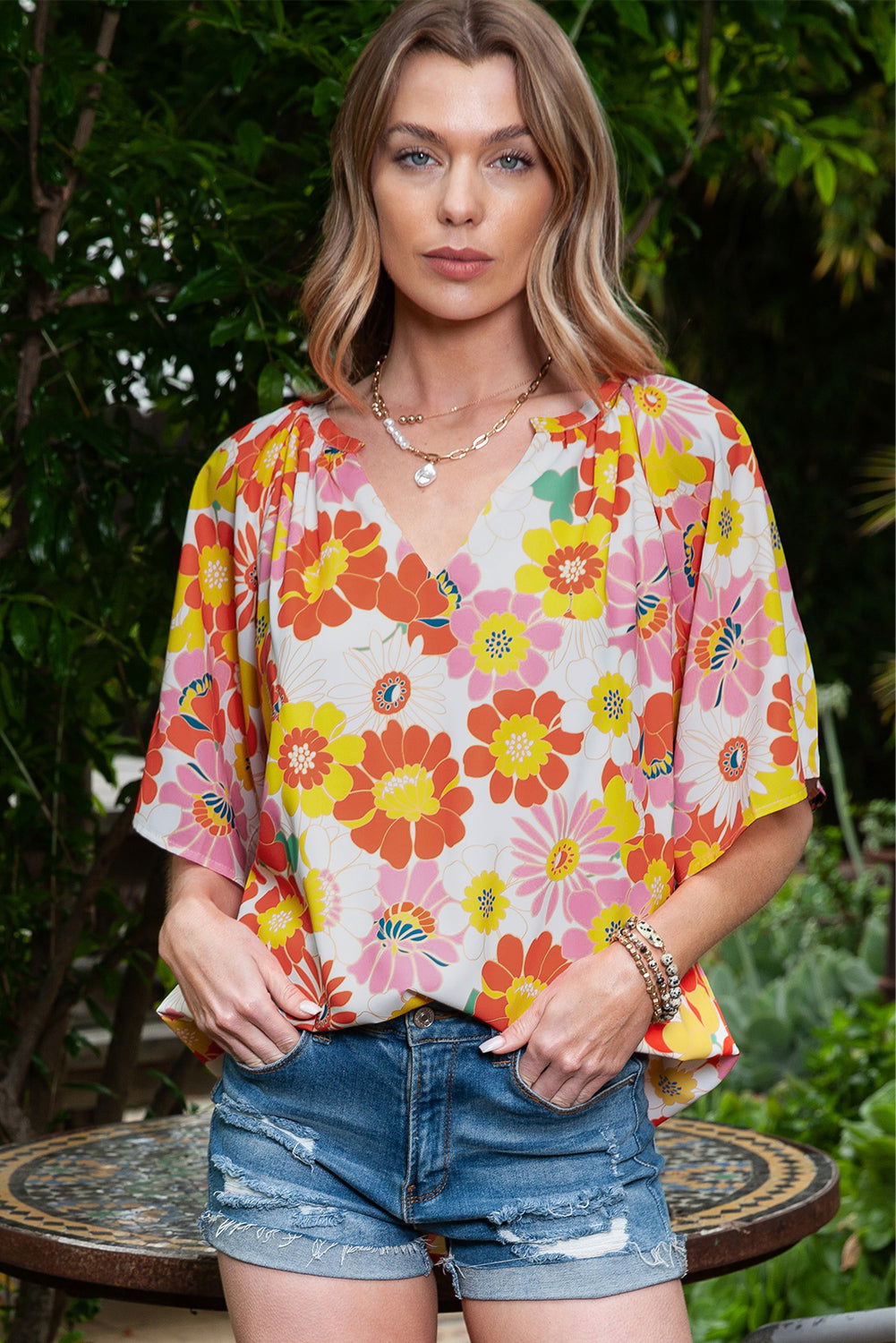 Multicolor Abstract Print Flutter Sleeve V Neck Blouse - Vesteeto