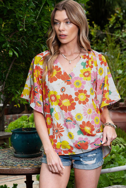 Multicolor Abstract Print Flutter Sleeve V Neck Blouse - Vesteeto