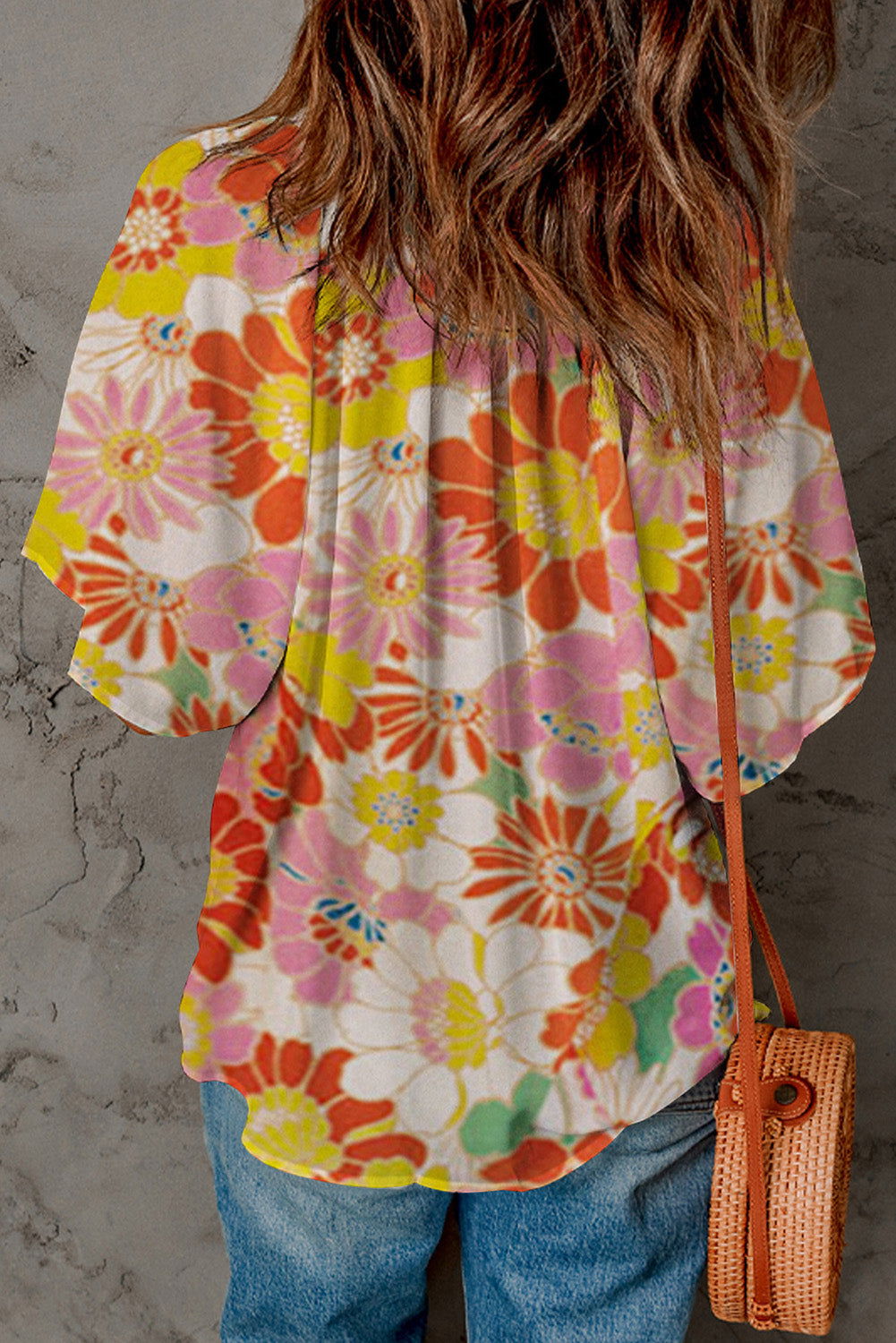 Multicolor Abstract Print Flutter Sleeve V Neck Blouse - Vesteeto