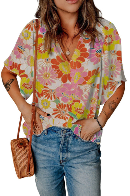 Multicolor Abstract Print Flutter Sleeve V Neck Blouse - Vesteeto