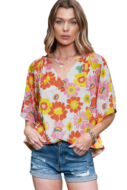 Multicolor Abstract Print Flutter Sleeve V Neck Blouse - Vesteeto