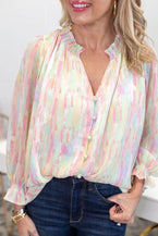 Multicolor Abstract Print Frilled Buttoned Long Sleeve Blouse - Vesteeto