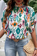 Multicolor Abstract Print Knot Back Half Sleeve Blouse - Vesteeto