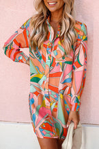 Multicolor Abstract Print Long Sleeve Shirt Dress - Vesteeto