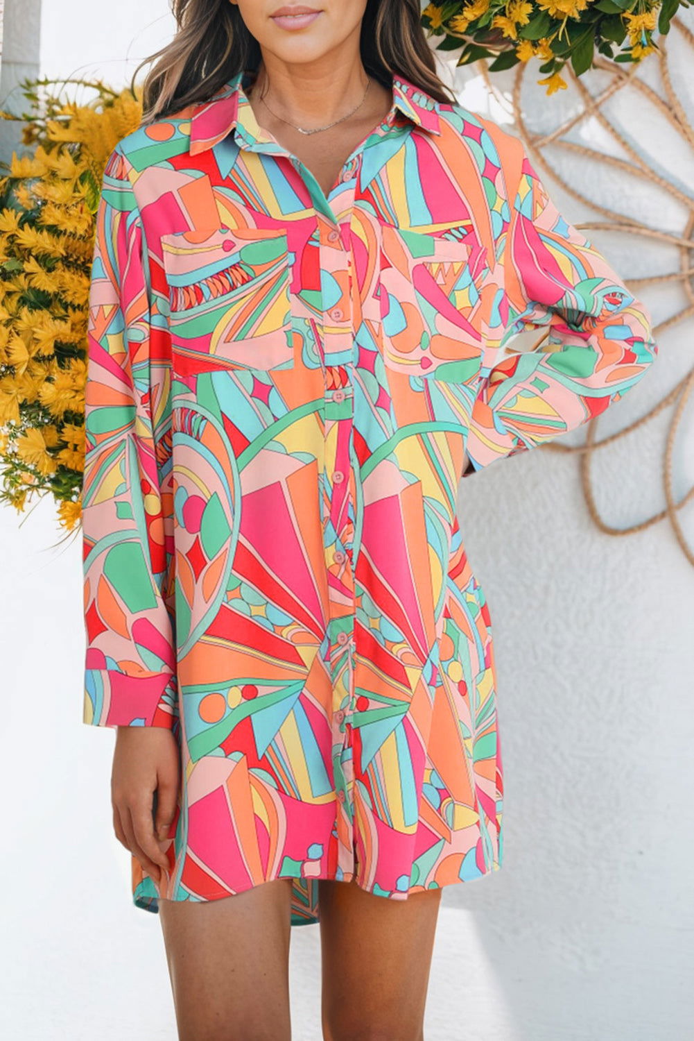 Multicolor Abstract Print Long Sleeve Shirt Dress - Vesteeto