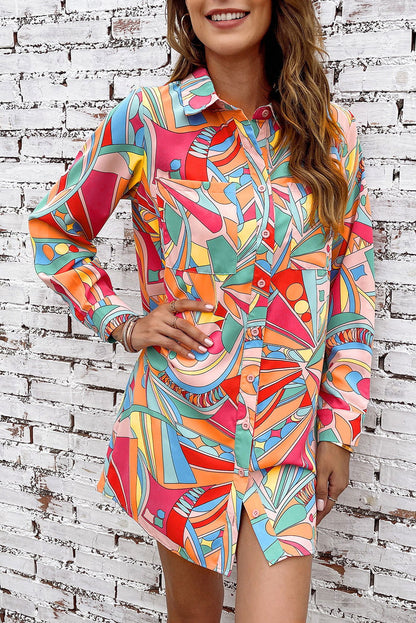 Multicolor Abstract Print Long Sleeve Shirt Dress - Vesteeto