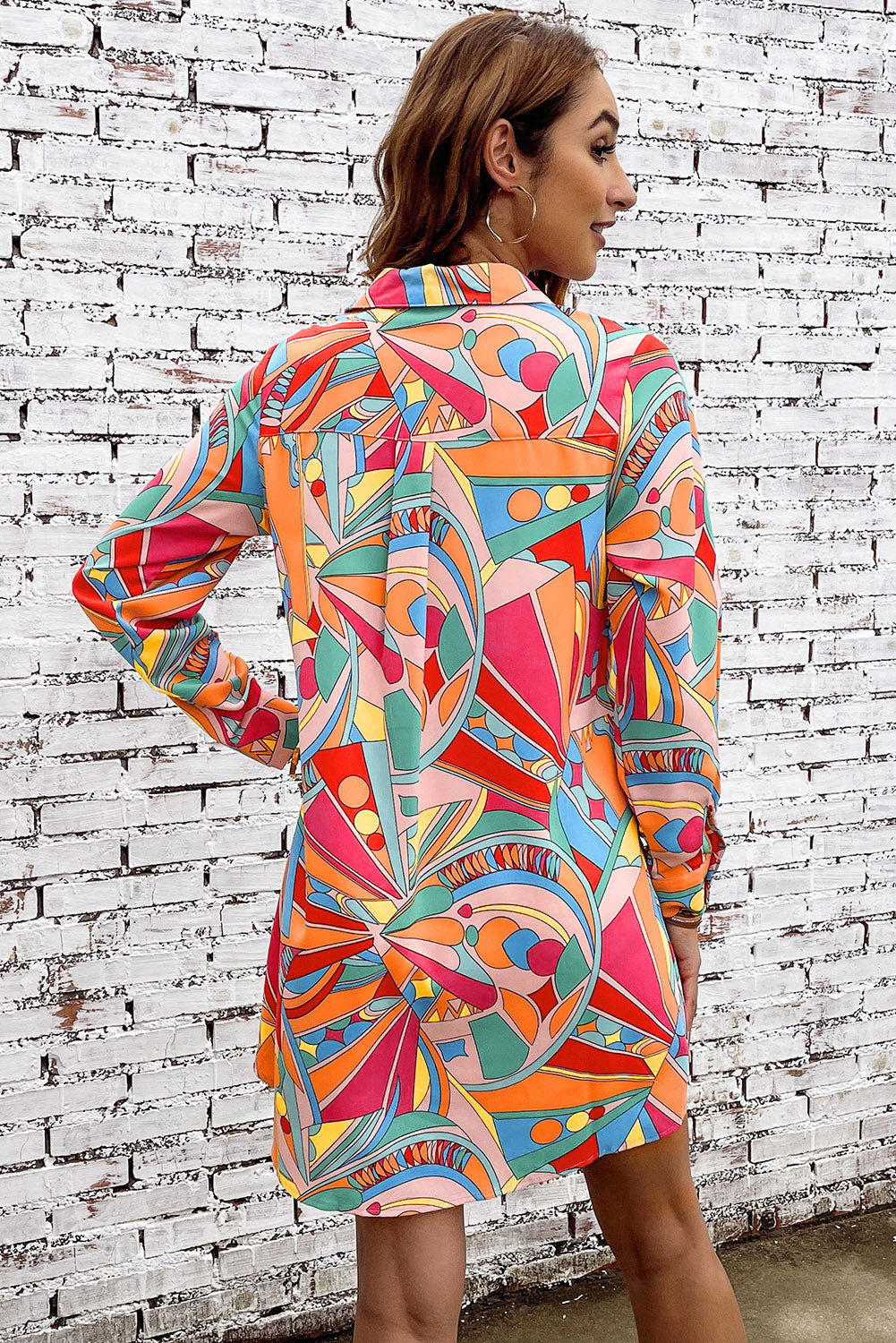 Multicolor Abstract Print Long Sleeve Shirt Dress - Vesteeto