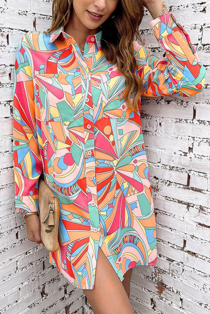 Multicolor Abstract Print Long Sleeve Shirt Dress - Vesteeto