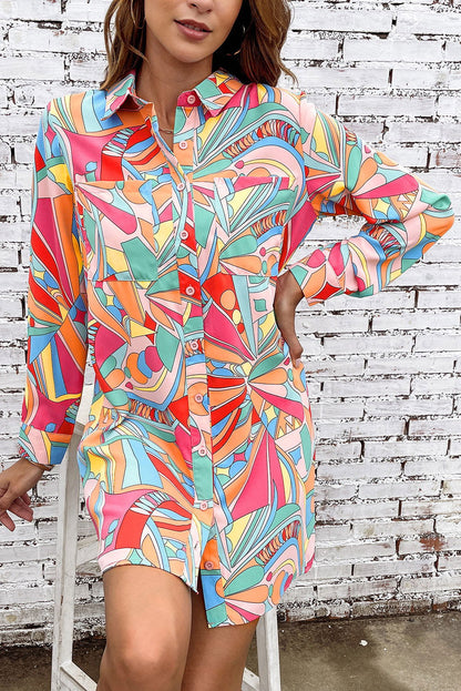 Multicolor Abstract Print Long Sleeve Shirt Dress - Vesteeto