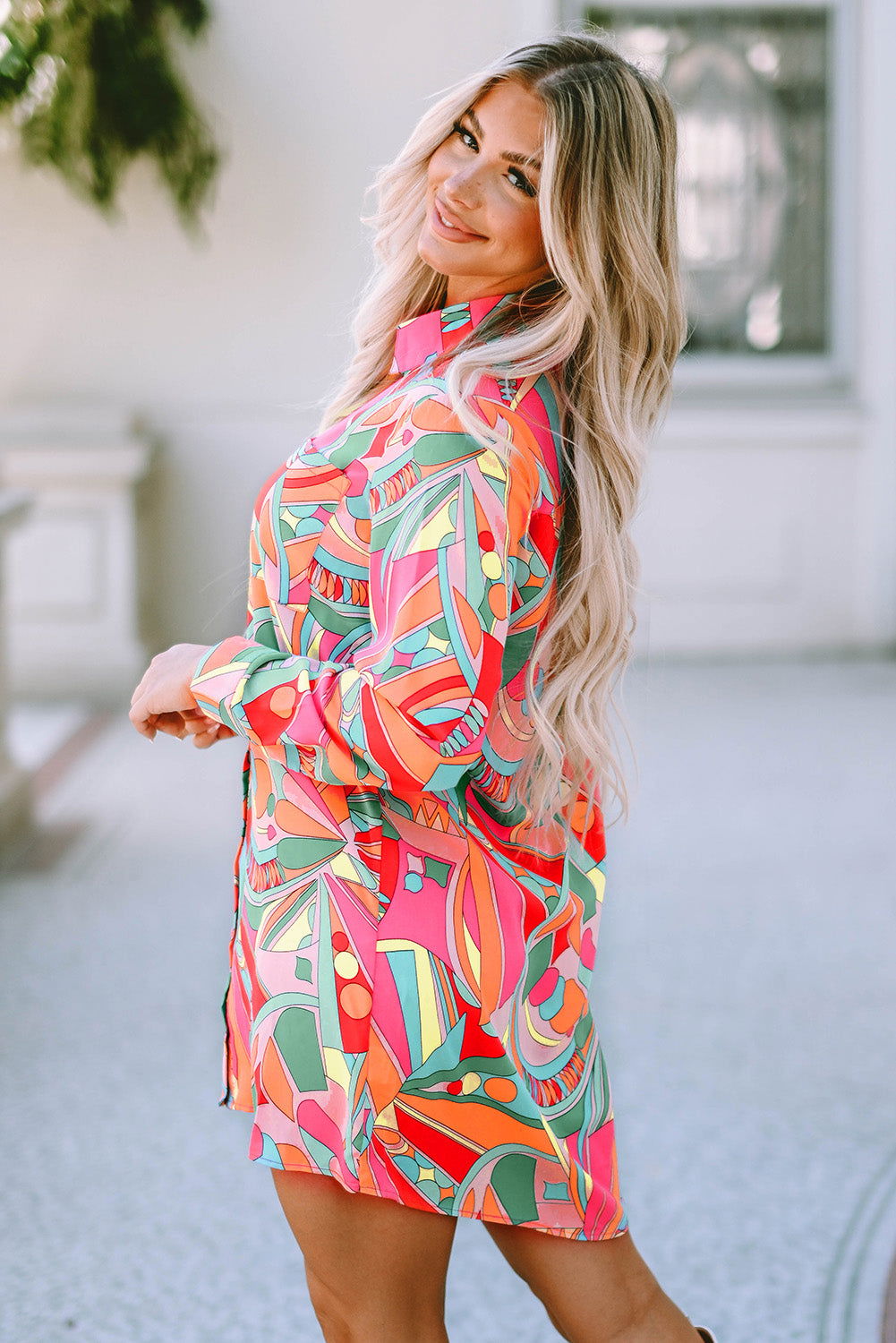 Multicolor Abstract Print Long Sleeve Shirt Dress - Vesteeto