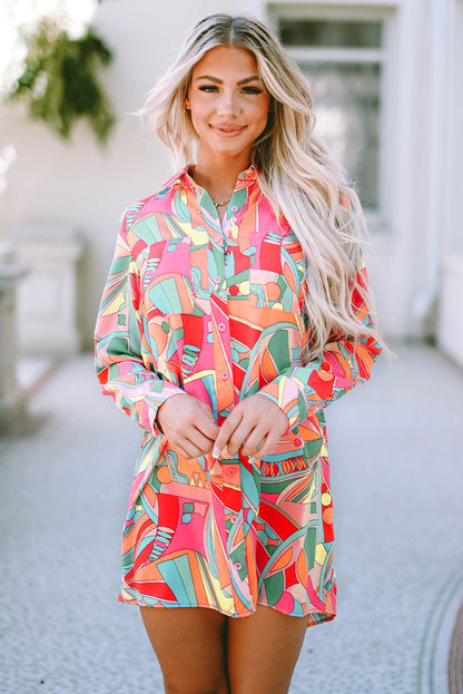 Multicolor Abstract Print Long Sleeve Shirt Dress - Vesteeto