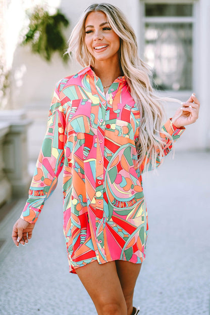 Multicolor Abstract Print Long Sleeve Shirt Dress - Vesteeto