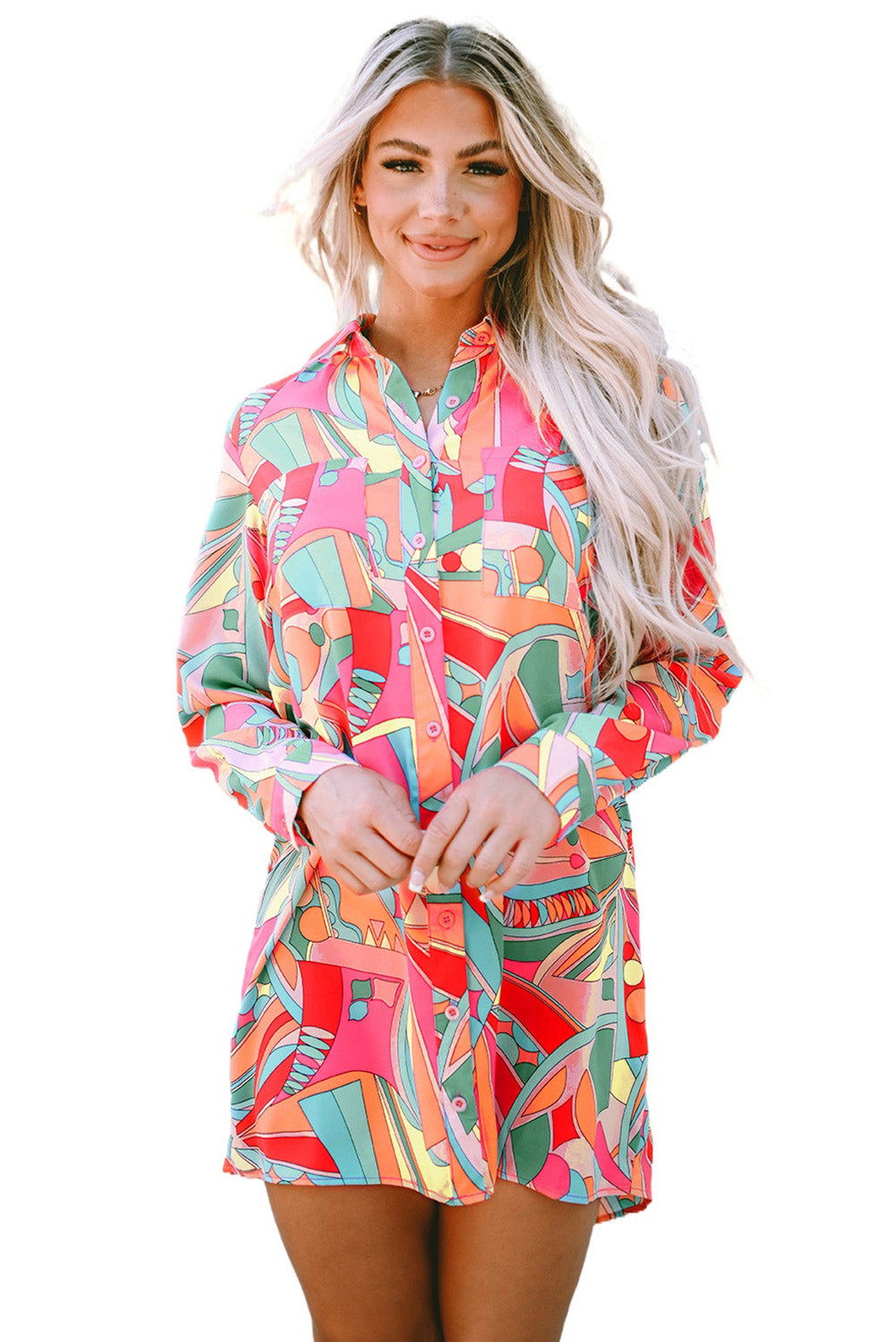 Multicolor Abstract Print Long Sleeve Shirt Dress - Vesteeto