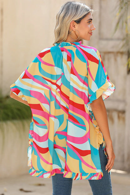 Multicolor Abstract Print Ruffle Trim Tunic Blouse - Vesteeto