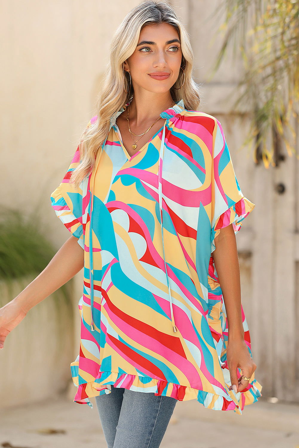 Multicolor Abstract Print Ruffle Trim Tunic Blouse - Vesteeto