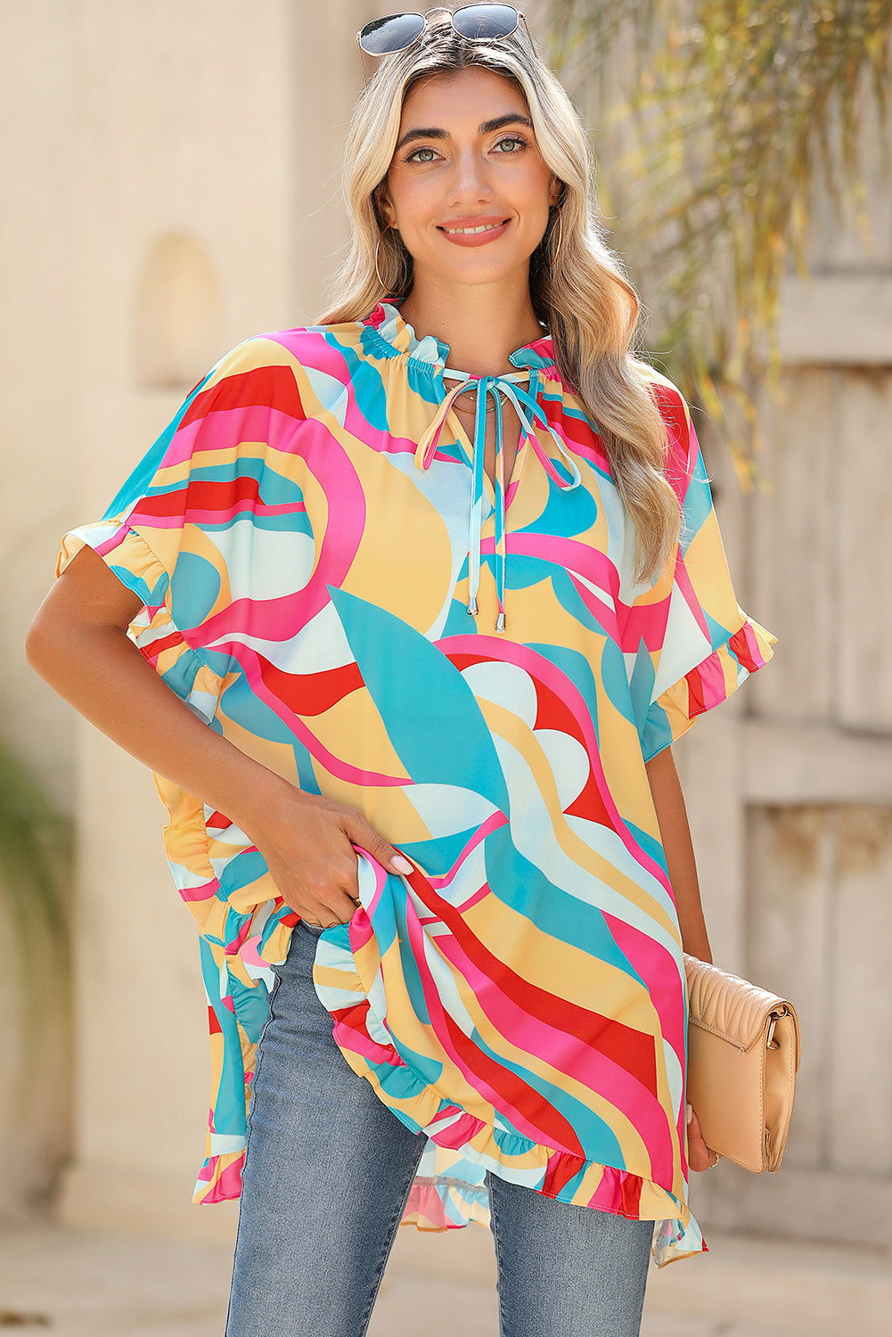 Multicolor Abstract Print Ruffle Trim Tunic Blouse - Vesteeto