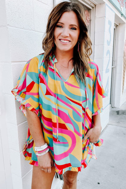 Multicolor Abstract Print Ruffle Trim Tunic Blouse - Vesteeto