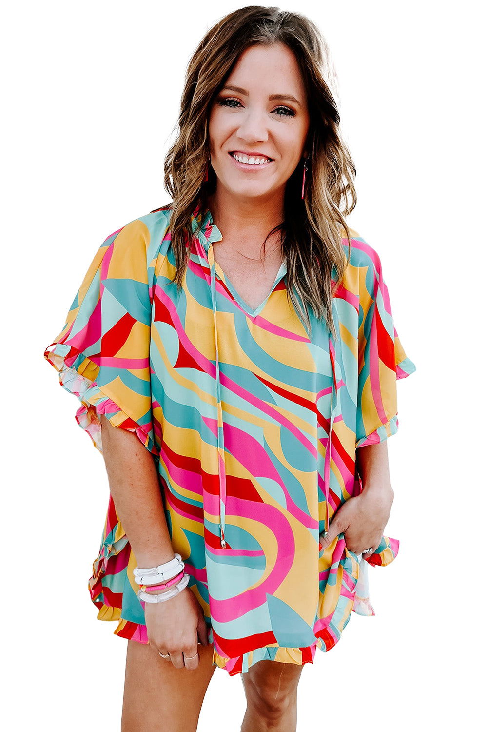 Multicolor Abstract Print Ruffle Trim Tunic Blouse - Vesteeto