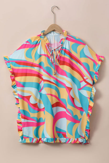 Multicolor Abstract Print Ruffle Trim Tunic Blouse - Vesteeto