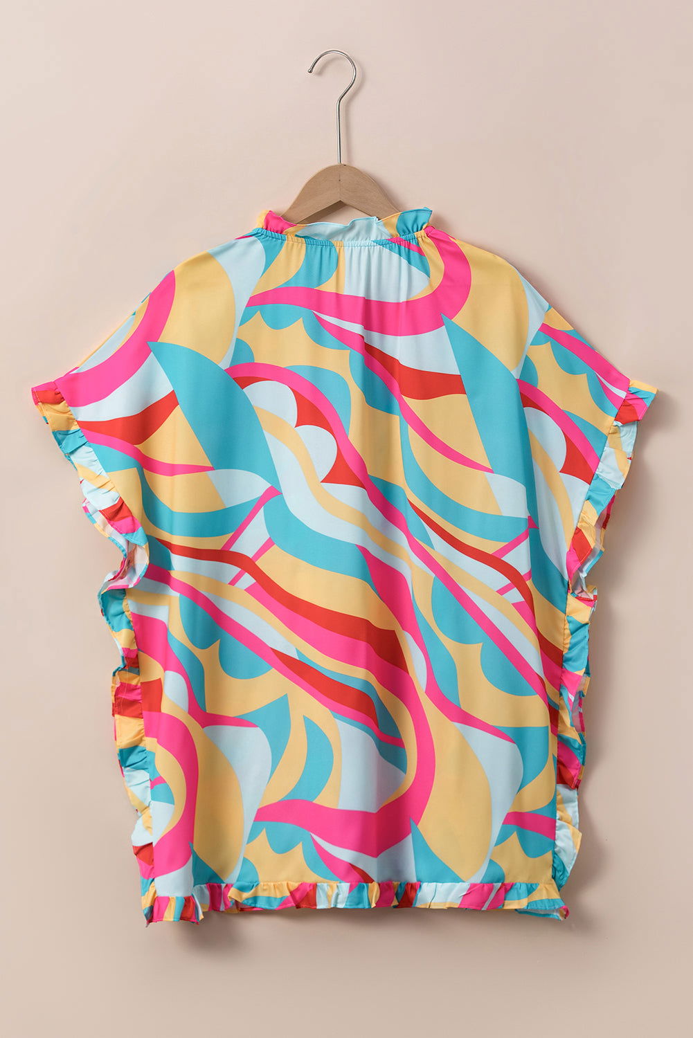 Multicolor Abstract Print Ruffle Trim Tunic Blouse - Vesteeto