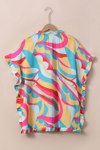 Multicolor Abstract Print Ruffle Trim Tunic Blouse - Vesteeto