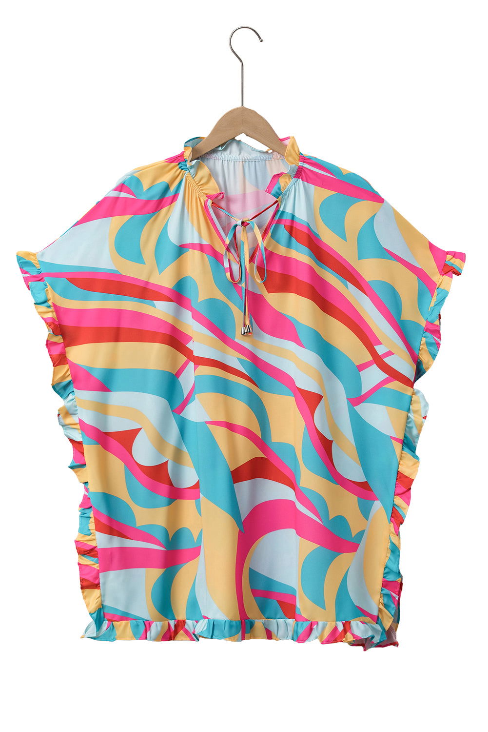 Multicolor Abstract Print Ruffle Trim Tunic Blouse - Vesteeto