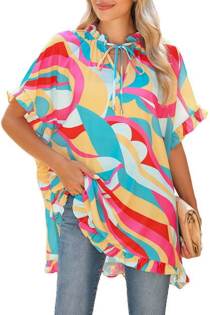 Multicolor Abstract Print Ruffle Trim Tunic Blouse - Vesteeto