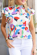 Multicolor Abstract Print Ruffled Sleeve Blouse - Vesteeto