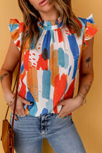 Multicolor Abstract Print Ruffled Sleeveless Blouse for Women - Vesteeto