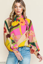 Multicolor Abstract Print Shirred Cuffs Boho Blouse - Vesteeto