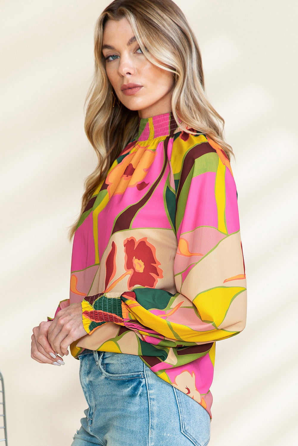 Multicolor Abstract Print Shirred Cuffs Boho Blouse - Vesteeto