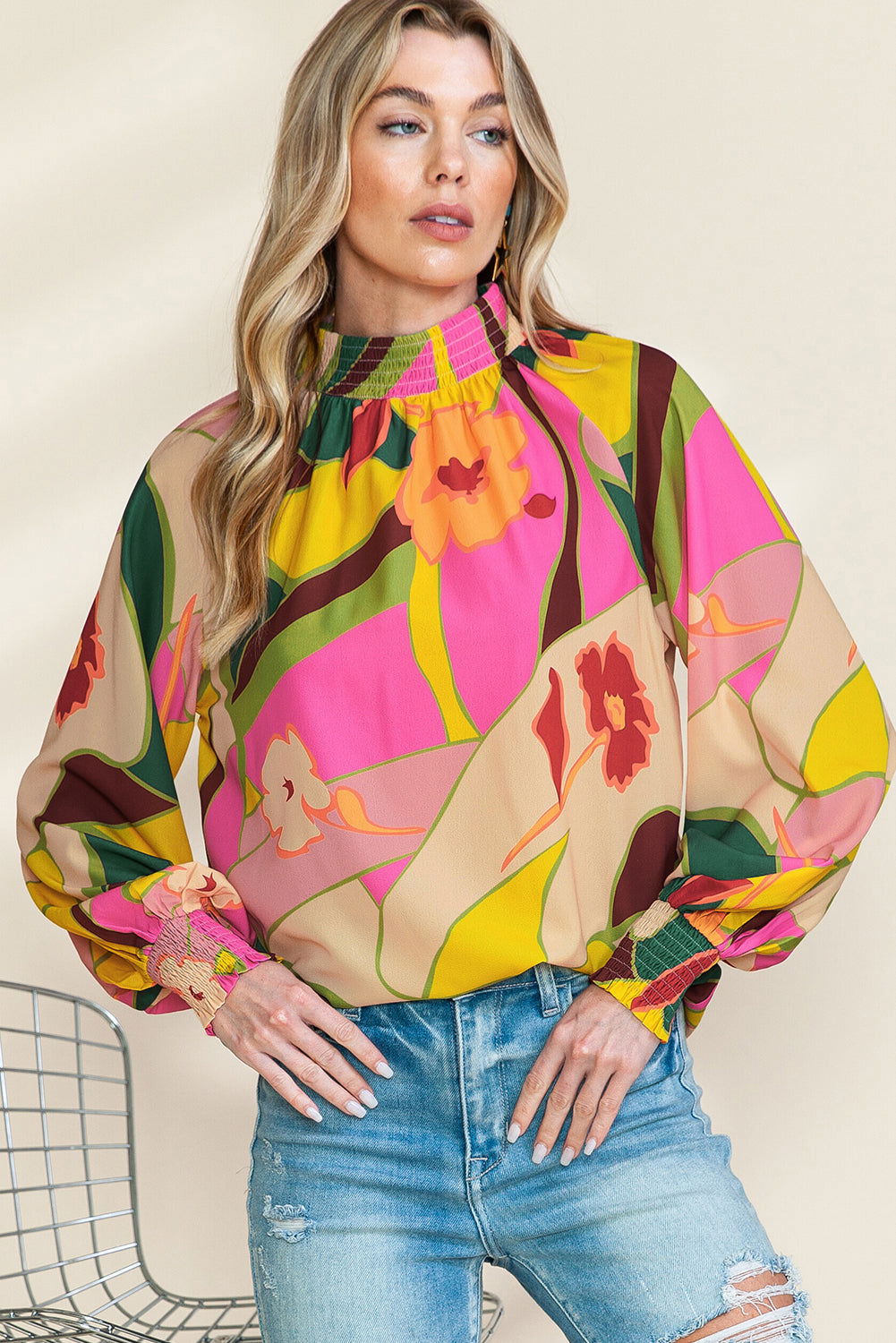 Multicolor Abstract Print Shirred Cuffs Boho Blouse - Vesteeto