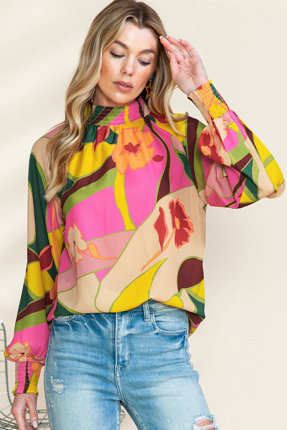 Multicolor Abstract Print Shirred Cuffs Boho Blouse - Vesteeto