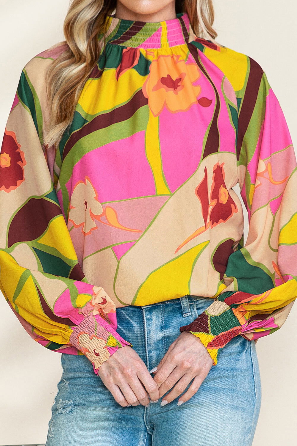 Multicolor Abstract Print Shirred Cuffs Boho Blouse - Vesteeto