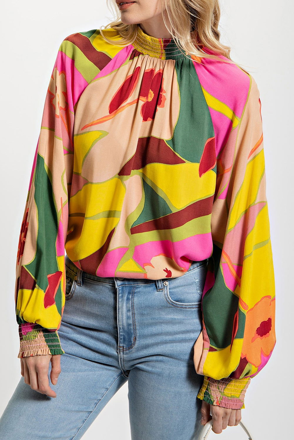 Multicolor Abstract Print Shirred Cuffs Boho Blouse - Vesteeto