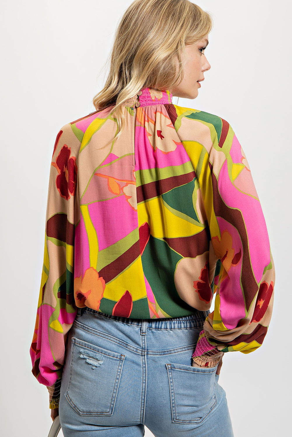 Multicolor Abstract Print Shirred Cuffs Boho Blouse - Vesteeto