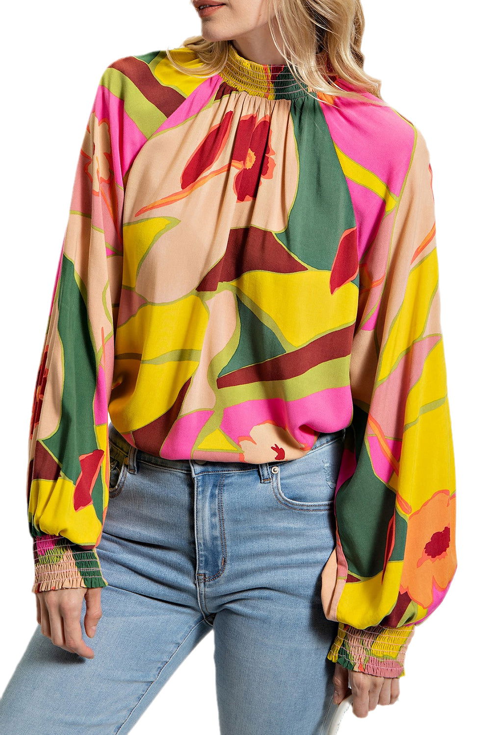 Multicolor Abstract Print Shirred Cuffs Boho Blouse - Vesteeto