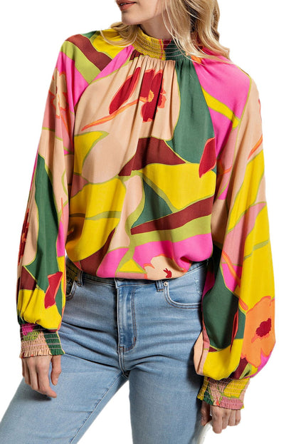 Multicolor Abstract Print Shirred Cuffs Boho Blouse - Vesteeto