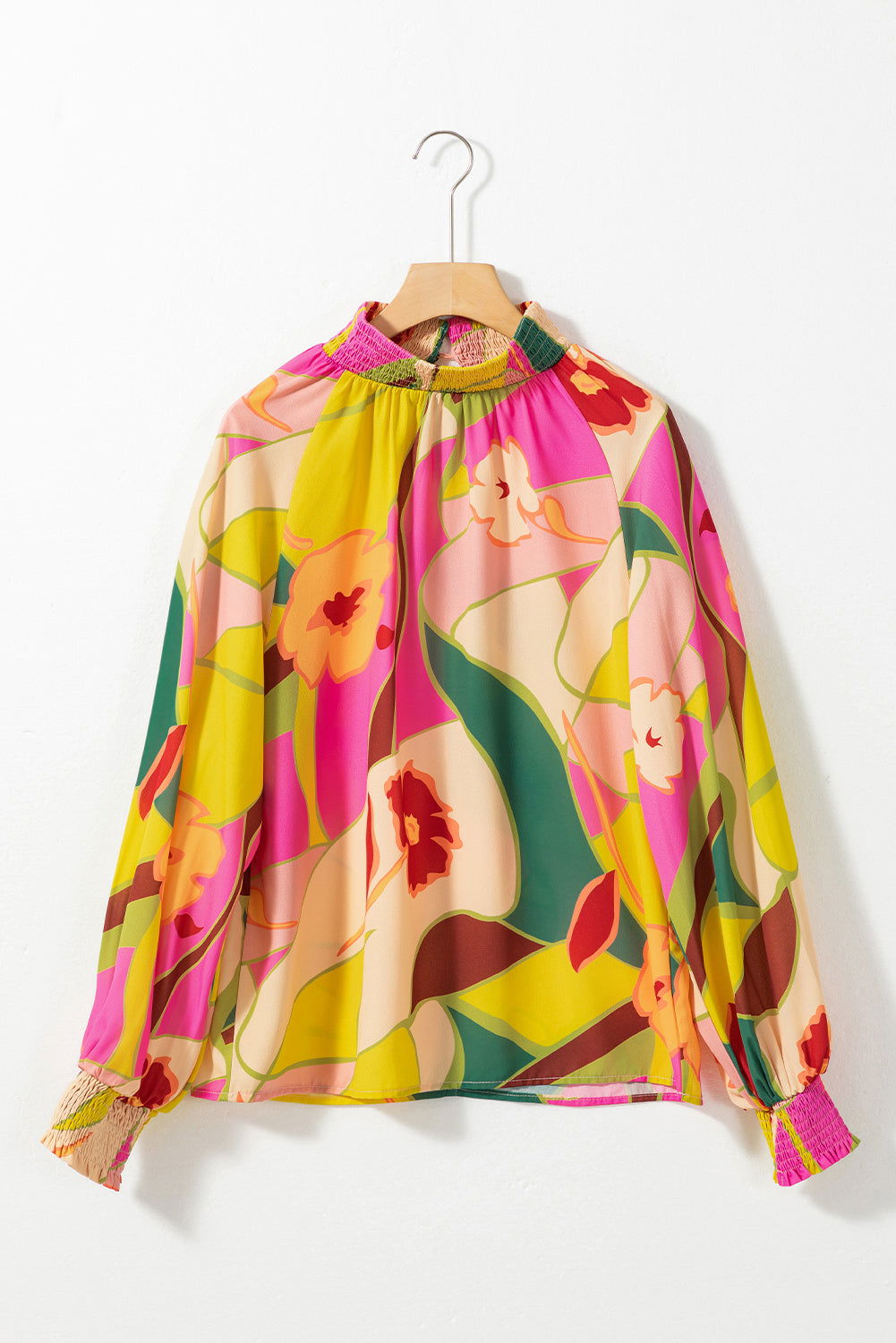 Multicolor Abstract Print Shirred Cuffs Boho Blouse - Vesteeto