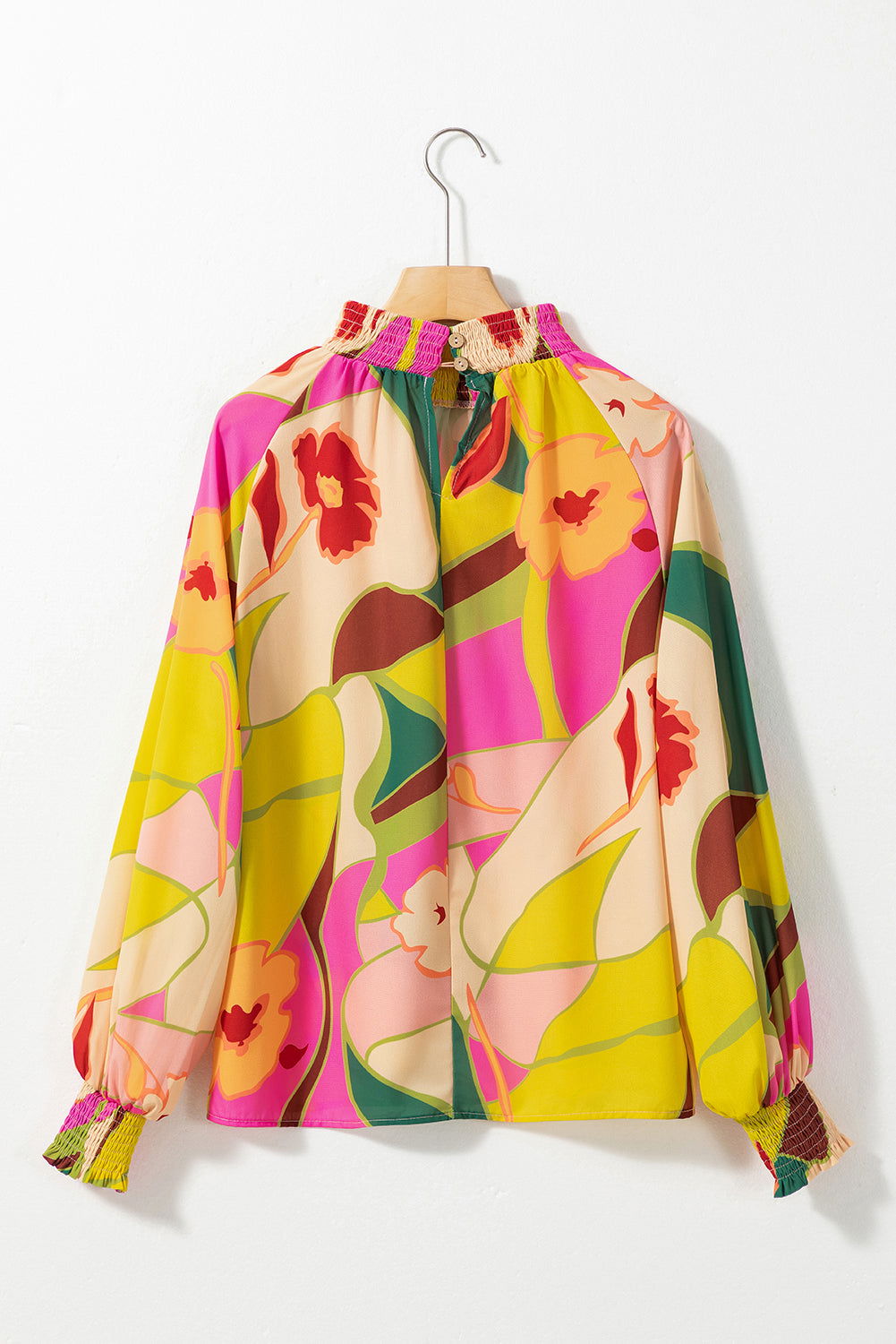 Multicolor Abstract Print Shirred Cuffs Boho Blouse - Vesteeto