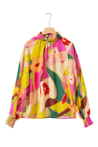 Multicolor Abstract Print Shirred Cuffs Boho Blouse - Vesteeto