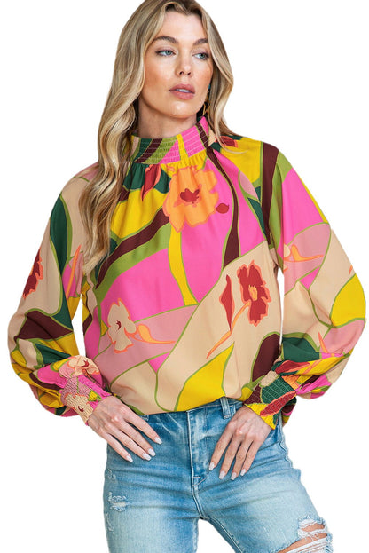 Multicolor Abstract Print Shirred Cuffs Boho Blouse - Vesteeto