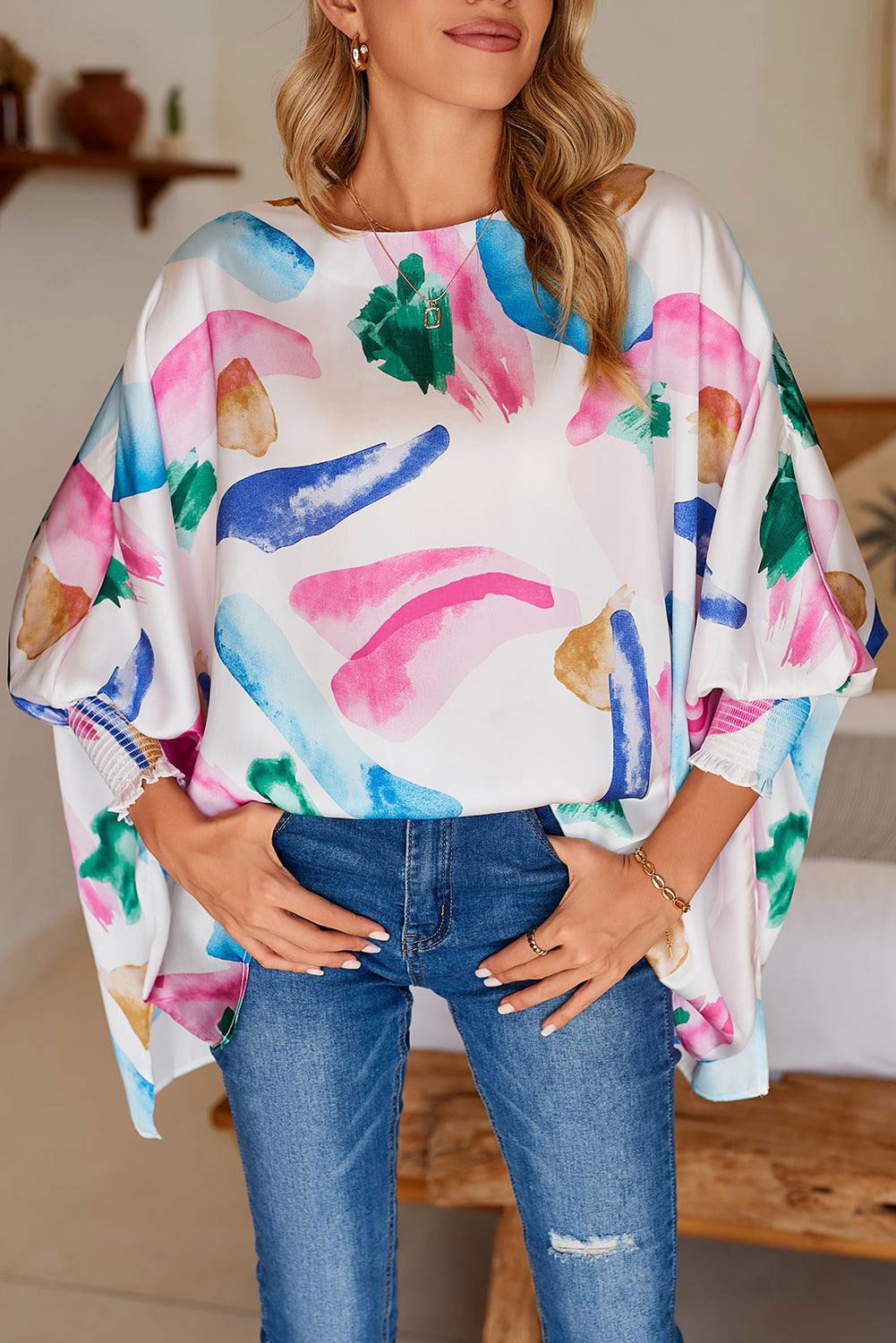 Multicolor Abstract Print Shirred Dolman Sleeve Oversized Blouse - Vesteeto