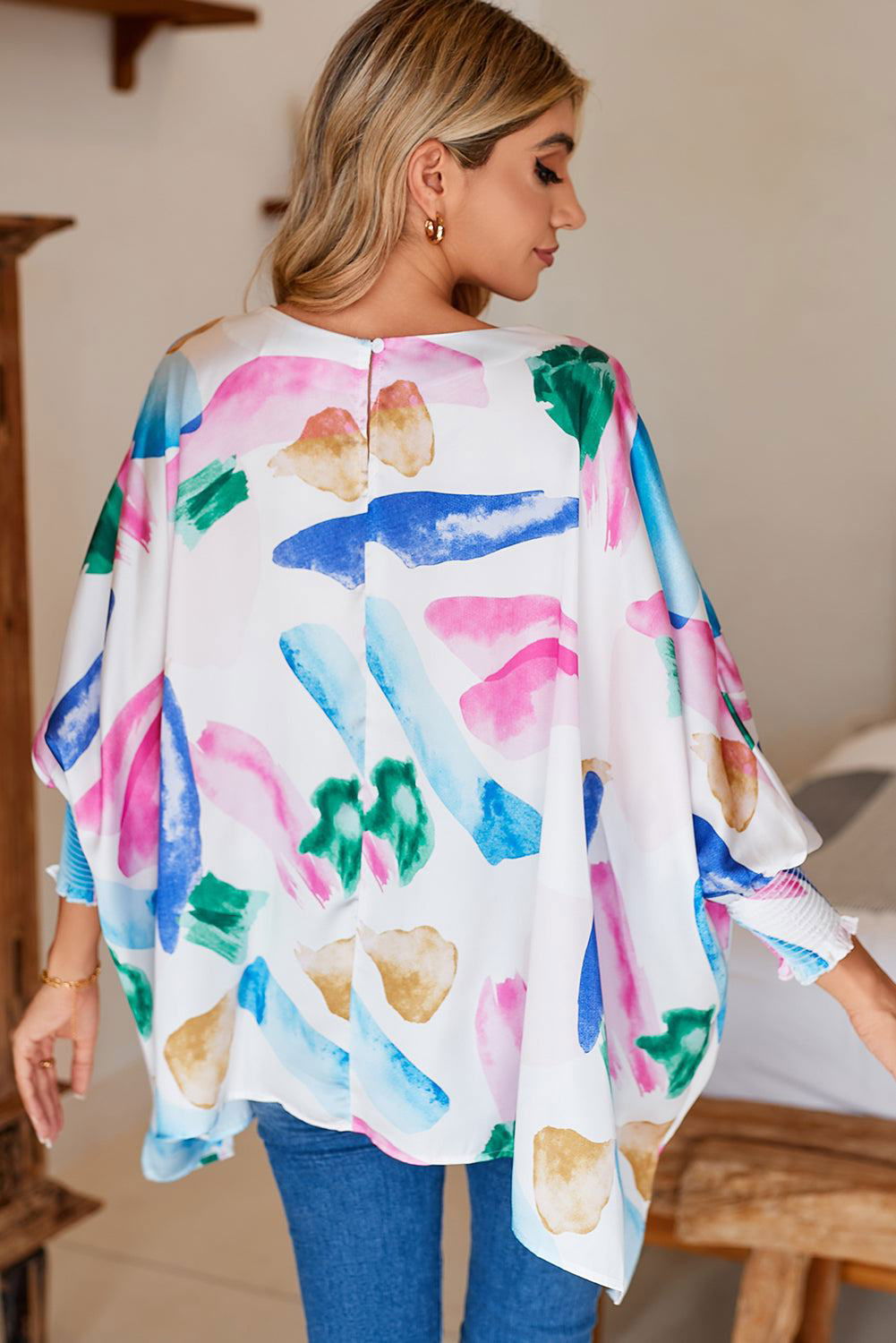 Multicolor Abstract Print Shirred Dolman Sleeve Oversized Blouse - Vesteeto