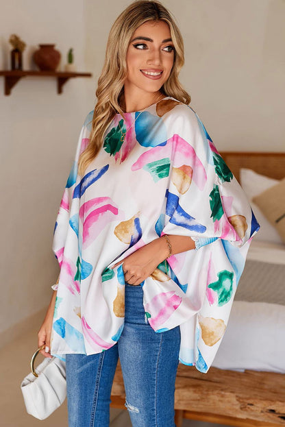 Multicolor Abstract Print Shirred Dolman Sleeve Oversized Blouse - Vesteeto