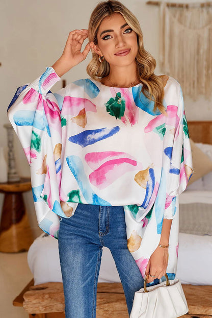 Multicolor Abstract Print Shirred Dolman Sleeve Oversized Blouse - Vesteeto